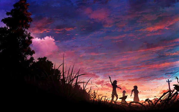 Anime picture 1920x1200 with original 108 highres wide image sky cloud (clouds) wallpaper evening sunset group landscape scenic silhouette running waving plant (plants) animal tree (trees) bird (birds) leaf (leaves)