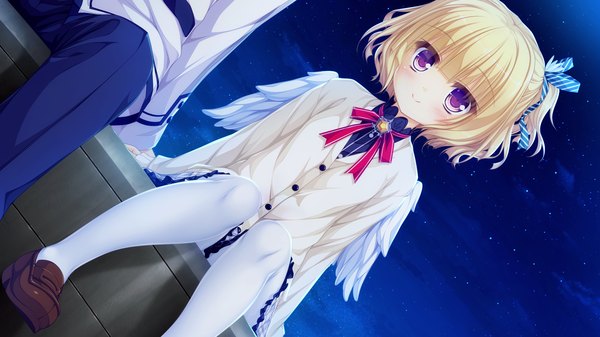 Anime picture 1920x1080 with world election whirlpool (studio) parfil (world election) blush highres short hair blonde hair smile wide image purple eyes game cg night couple girl boy uniform school uniform pantyhose wings