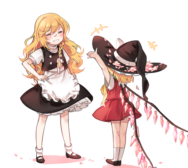 Anime picture 1858x1662 with touhou flandre scarlet kirisame marisa shan long hair blush highres open mouth simple background blonde hair smile white background multiple girls braid (braids) eyes closed :d arms up short sleeves hand on hip grin