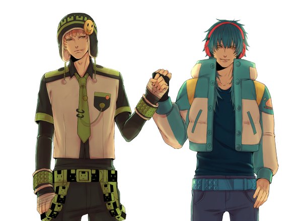 Anime picture 1500x1095 with dramatical murder nitro+chiral aoba (dmmd) noiz (dmmd) koneko0220 long hair short hair simple background blonde hair smile white background green eyes yellow eyes blue hair multiple boys piercing boy gloves necktie jacket