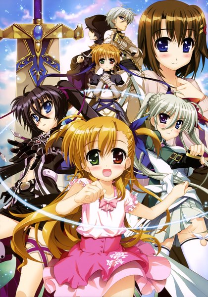 Anime picture 2874x4101 with mahou shoujo lyrical nanoha yagami hayate takamachi vivio einhart stratos fujima takuya long hair tall image blush highres short hair open mouth blue eyes black hair blonde hair brown hair twintails multiple girls white hair scan multiple boys