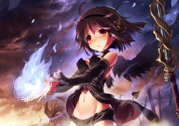 Anime picture 1697x1200 with original kankurou single blush short hair black hair red eyes bare shoulders sky cloud (clouds) horn (horns) midriff girl dress navel weapon detached sleeves sword wings hairband