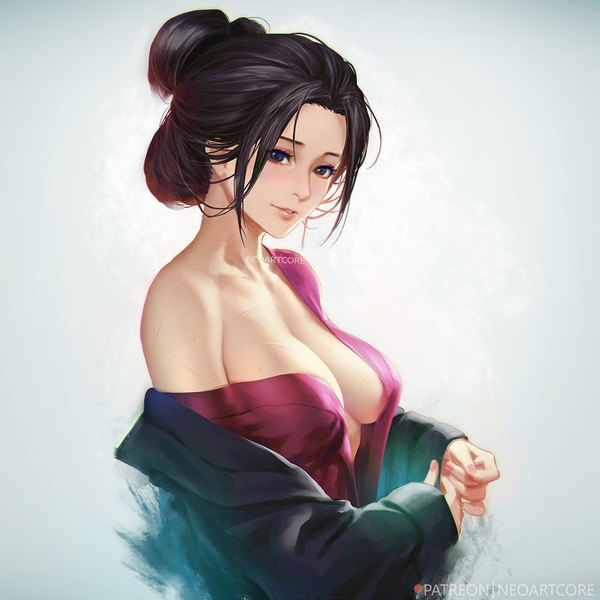 Anime picture 1000x1000 with sekiro: shadows die twice from software emma the gentle blade nudtawut thongmai single looking at viewer blush short hair breasts blue eyes light erotic black hair simple background large breasts signed upper body nail polish traditional clothes parted lips head tilt