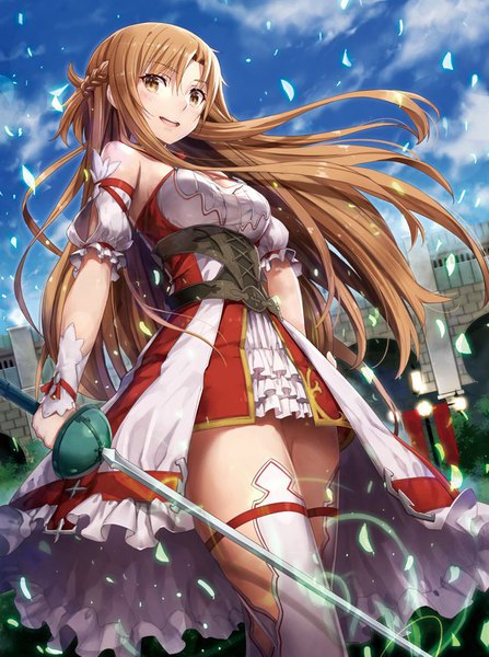 Anime-Bild 670x900 mit sword art online a-1 pictures yuuki asuna gabiran single long hair tall image looking at viewer blush fringe breasts open mouth hair between eyes brown hair standing bare shoulders holding brown eyes sky cloud (clouds)