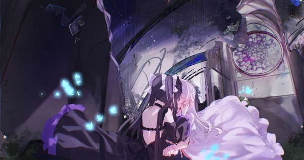 Anime picture 4702x2480 with arcaea tairitsu (arcaea) hikari (arcaea) muonrei00 long hair highres black hair wide image twintails multiple girls pink hair absurdres indoors back shoujo ai bare back hand on face hand on another's shoulder girl dress
