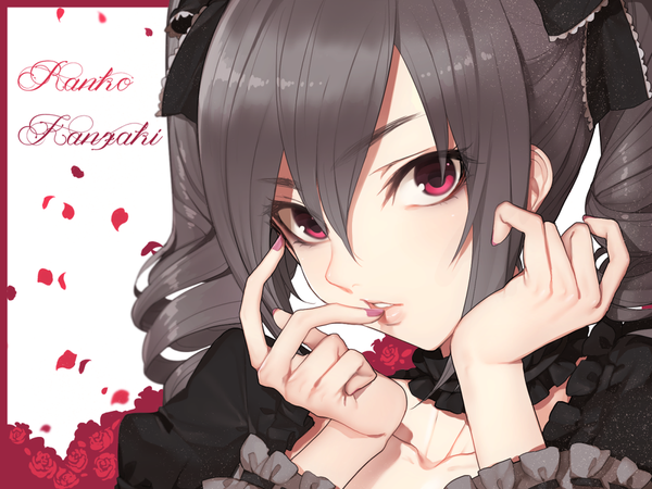 Anime picture 1024x768 with idolmaster idolmaster cinderella girls kanzaki ranko hitoto single long hair looking at viewer red eyes twintails nail polish grey hair character names drill hair finger to mouth girl dress flower (flowers) bow hair bow petals