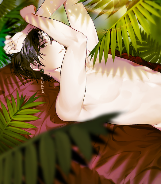 Anime-Bild 700x800 mit hunter x hunter chrollo lucilfer sorolp single tall image looking at viewer short hair light erotic black hair signed upper body lying nude black eyes hand on head covering eye (eyes) boy earrings leaf (leaves) bandage (bandages)