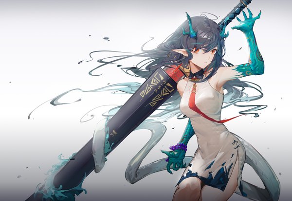 Anime picture 4524x3118 with arknights dusk (arknights) piao miao single long hair highres black hair simple background red eyes looking away absurdres tail horn (horns) pointy ears grey background sleeveless side slit girl dress weapon
