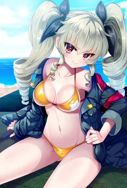 Anime picture 708x1048 with girls und panzer anchovy (girls und panzer) uzura (moimoi) single long hair tall image looking at viewer breasts light erotic smile purple eyes twintails white hair open jacket groin drill hair ass visible through thighs girl navel bow