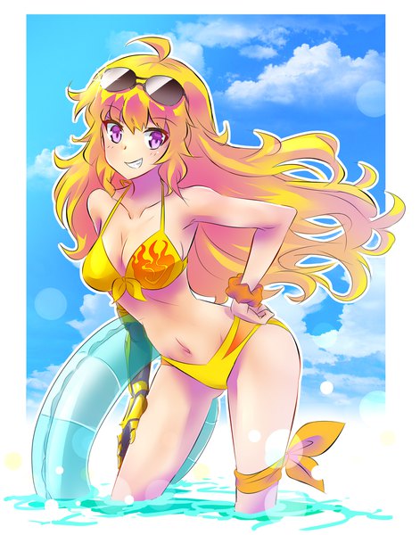 Anime picture 1600x2038 with rwby rooster teeth yang xiao long iesupa single long hair tall image looking at viewer breasts light erotic blonde hair smile purple eyes sky cleavage cloud (clouds) leaning leaning forward hand on hip lens flare