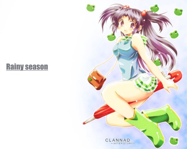 Anime picture 1280x1024 with clannad key (studio) ichinose kotomi tamaki (diarie inaiinaibaa) single long hair looking at viewer open mouth light erotic white background purple eyes purple hair two side up copyright name sleeveless between legs closed umbrella girl boots umbrella