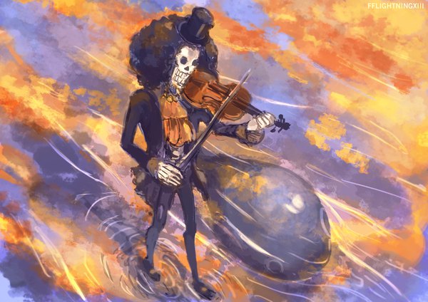 Anime picture 1000x707 with one piece toei animation brook (one piece) laboon lightning-strikes black hair cloud (clouds) full body from above reflection walking skeleton playing instrument afro boy animal musical instrument neckerchief top hat violin