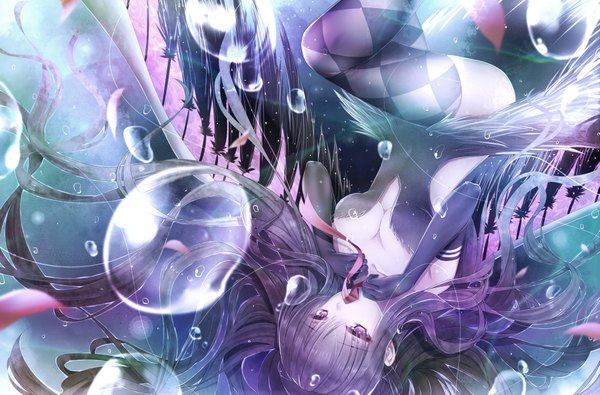 Anime picture 3841x2534 with mahou shoujo madoka magica shaft (studio) akemi homura xuanlin jingshuang single long hair looking at viewer highres breasts light erotic purple eyes absurdres purple hair girl thighhighs dress gloves ribbon (ribbons) wings black gloves