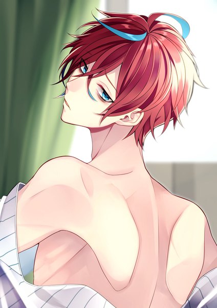 Anime picture 1448x2048 with hypnosis mic kannonzaka doppo ksb_x4 single tall image looking at viewer fringe short hair blue eyes hair between eyes bare shoulders upper body ahoge red hair indoors parted lips head tilt looking back multicolored hair off shoulder