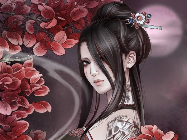 Anime picture 1600x1200 with jianxia qingyuan 3 zhang xiao bai long hair fringe black hair lips black eyes hair over one eye realistic tattoo piercing pale skin nose piercing girl hair ornament flower (flowers) earrings leaf (leaves) jewelry branch