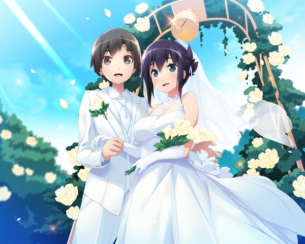 Anime picture 2250x1802 with brava! highres short hair open mouth blue eyes black hair bare shoulders multiple girls brown eyes game cg couple alternate hairstyle hair up wedding girl dress gloves flower (flowers) 2 girls elbow gloves