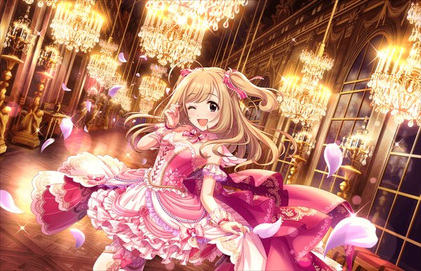 Anime picture 1280x824 with idolmaster idolmaster cinderella girls idolmaster cinderella girls starlight stage satou shin annindoufu (oicon) single long hair looking at viewer blush open mouth brown hair ahoge one eye closed wink official art sparkle two side up frilled dress order-made heart girl