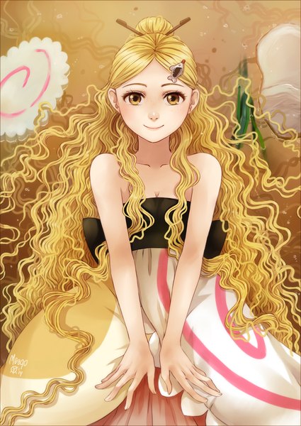 Anime picture 709x1002 with original meago (artist) single long hair tall image looking at viewer blonde hair smile bare shoulders yellow eyes very long hair girl hair ornament hairclip fish (fishes) hairpin (hairpins) chopsticks noodles ramen naruto (food)