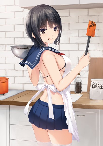 Anime picture 1516x2140 with original aoyama sumika coffee-kizoku single tall image looking at viewer fringe short hair breasts light erotic black hair smile standing holding brown eyes indoors pleated skirt from behind turning head :q