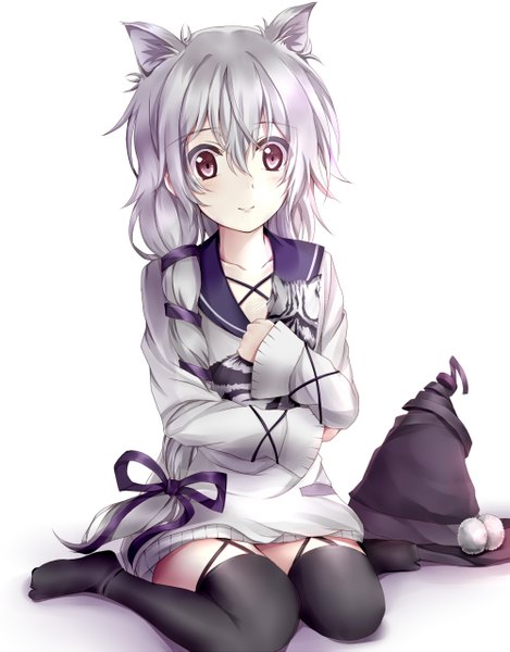 Anime picture 1000x1277 with black bullet kinema citrus fuse midori clock (clockart) long hair tall image simple background smile white background holding animal ears bent knee (knees) pink eyes grey hair cat ears cat girl hug kneeling witch girl