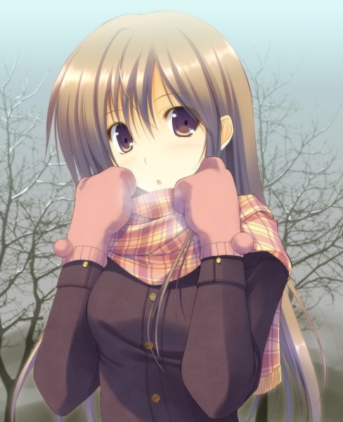 Anime picture 1000x1229 with original takepon (artist) single long hair tall image looking at viewer blush brown hair brown eyes girl scarf mittens