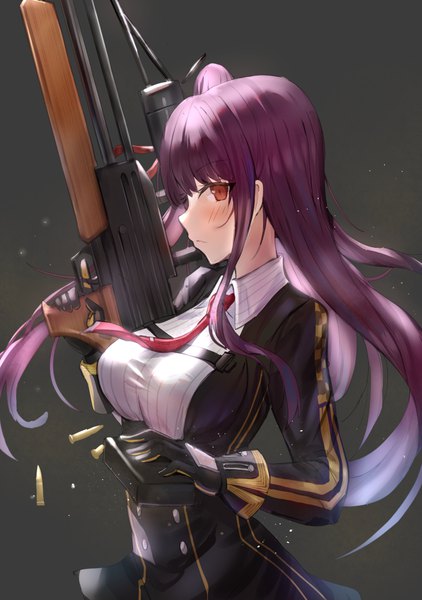 Anime picture 704x1000 with girls frontline wa2000 (girls frontline) qian wu atai single long hair tall image looking at viewer blush fringe breasts simple background red eyes holding payot purple hair upper body one side up floating hair black background girl