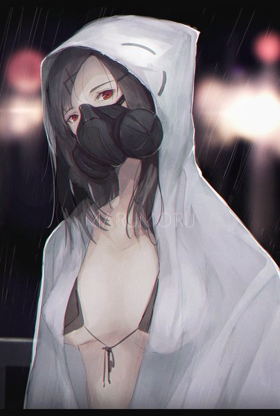Anime picture 1314x1951 with original marumoru single long hair tall image looking at viewer fringe breasts light erotic black hair red eyes signed cleavage upper body head tilt open clothes underboob rain girl hood