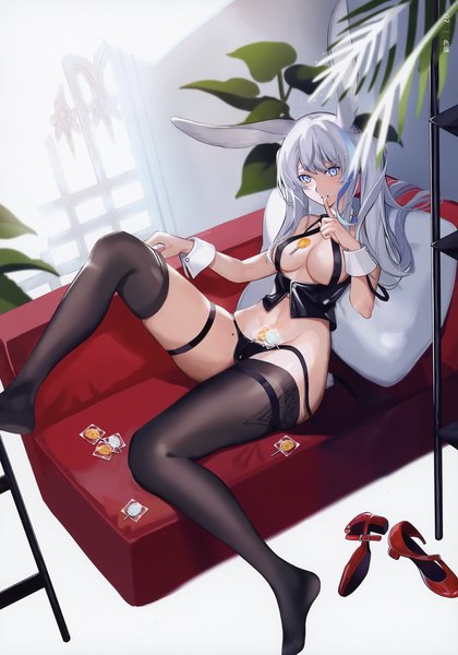 Anime picture 2522x3600 with original shio (oxstl) single long hair tall image looking at viewer fringe highres breasts blue eyes light erotic large breasts animal ears cleavage silver hair bent knee (knees) indoors tail parted lips animal tail