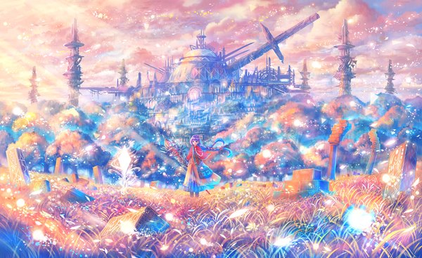 Anime picture 1814x1110 with original bounin single long hair looking at viewer highres wide image purple hair braid (braids) sparkle twin braids glowing ruins girl dress plant (plants) building (buildings) grass staff