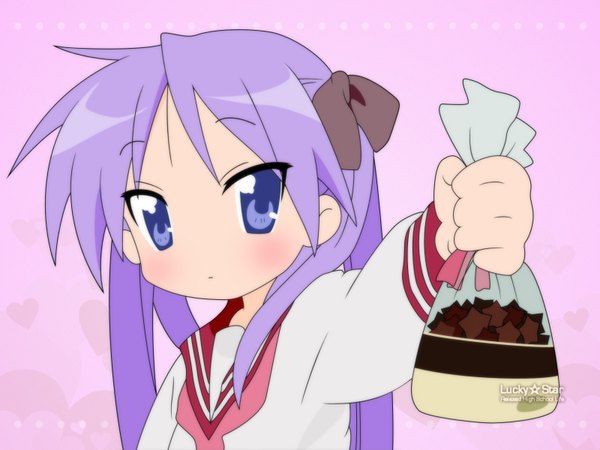 Anime picture 1600x1200 with lucky star kyoto animation hiiragi kagami long hair blush purple hair girl uniform school uniform serafuku