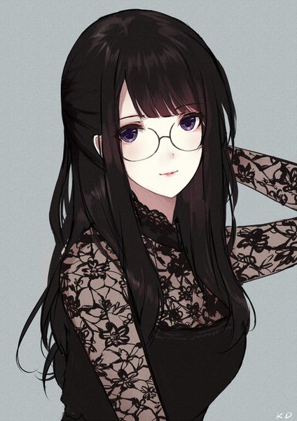 Anime-Bild 900x1272 mit original caidychen single long hair tall image looking at viewer blush fringe breasts black hair simple background purple eyes signed payot upper body blunt bangs parted lips arm up light smile lips