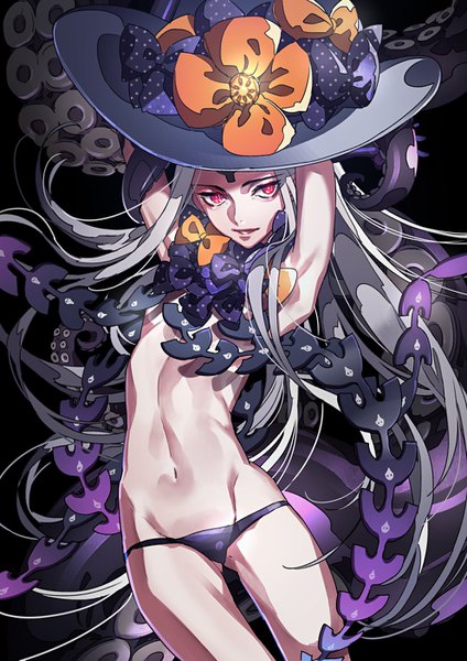 Anime picture 992x1403 with fate (series) fate/grand order abigail williams (fate) abigail williams (third ascension) (fate) tenobe single tall image looking at viewer light erotic red eyes very long hair parted lips grey hair arms up groin ass visible through thighs skull print girl underwear panties