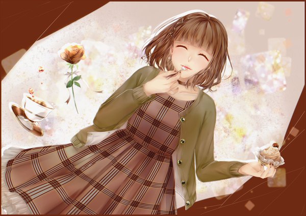 Anime picture 1400x991 with original ayakami single fringe short hair smile brown hair standing holding blunt bangs eyes closed nail polish eating frilled dress ^ ^ plaid unbuttoned girl dress flower (flowers)