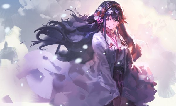 Anime-Bild 1500x900 mit kantai collection haruna battleship kishiyo single long hair looking at viewer black hair smile red eyes wide image traditional clothes girl hairband