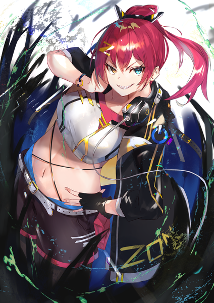 Anime picture 2894x4093 with original dive to zone motota single long hair tall image looking at viewer fringe highres smile hair between eyes pink hair ponytail from above open jacket teeth midriff hand on hip heterochromia grin