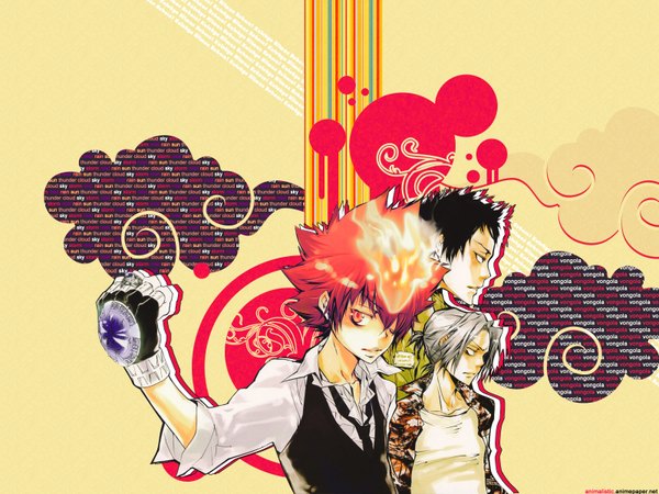 Anime picture 1600x1200 with katekyou hitman reborn sawada tsunayoshi gokudera hayato yamamoto takeshi short hair black hair grey hair orange hair orange eyes gloves necktie