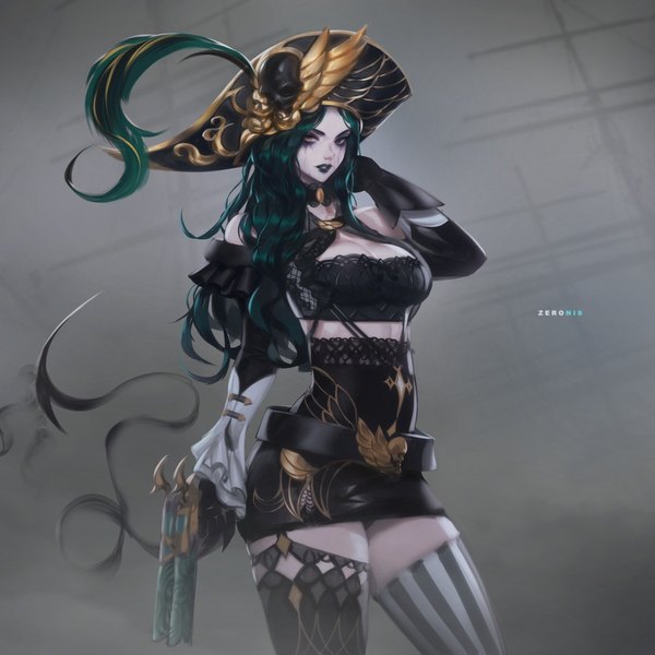 Anime picture 1250x1250 with original paul (shiramune) single long hair looking at viewer fringe breasts light erotic simple background large breasts holding brown eyes signed parted lips arm up green hair lips black eyes realistic off shoulder