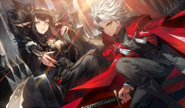 Anime picture 1051x620 with fate (series) fate/apocrypha semiramis (fate) amakusa shirou (fate) kodama (wa-ka-me) long hair looking at viewer fringe short hair breasts black hair hair between eyes wide image sitting holding yellow eyes payot silver hair parted lips pointy ears