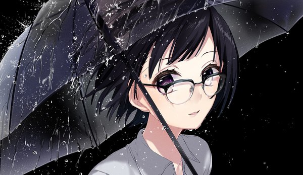 Anime picture 1187x689 with original sogawa single looking at viewer fringe short hair black hair wide image purple eyes parted lips wet rain transparent umbrella girl water glasses umbrella water drop