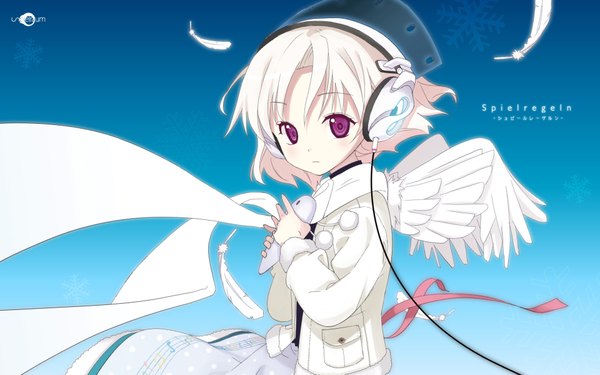 Anime picture 1920x1200 with highres wide image purple eyes white hair wings headphones feather (feathers) musical note tsugumi runa
