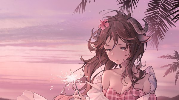 Anime picture 4264x2398 with arknights eyjafjalla (arknights) eyjafjalla (summer flower) (arknights) zhuang yao single long hair highres brown hair wide image brown eyes animal ears absurdres sky cleavage upper body outdoors hair flower horn (horns) wind official alternate costume