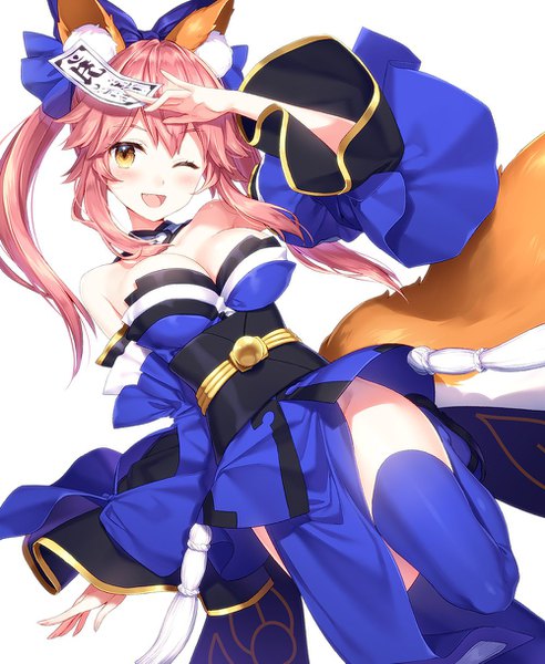 Anime picture 1000x1219 with fate (series) fate/grand order tamamo (fate) (all) tamamo no mae (fate) masuishi kinoto single long hair tall image looking at viewer blush fringe breasts open mouth light erotic simple background hair between eyes large breasts standing white background twintails