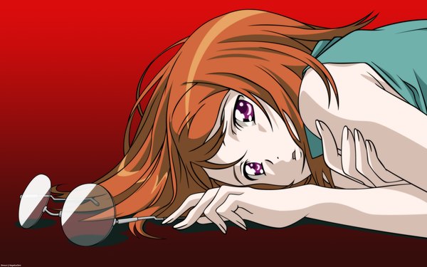 Anime picture 1920x1200 with simoun caimu negativezero single long hair looking at viewer highres open mouth brown hair wide image purple eyes upper body lying red background vector girl glasses