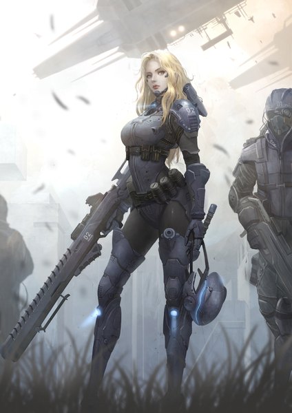Anime picture 1448x2048 with yoon lee long hair tall image breasts blonde hair standing lips multiple boys girl boy gloves weapon plant (plants) belt armor gun grass vest helmet pistol
