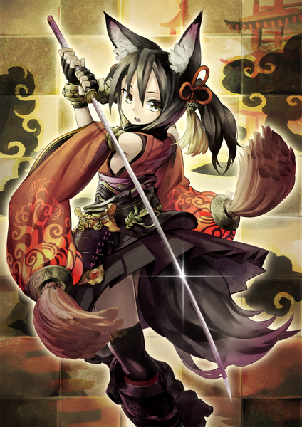 Anime picture 800x1131 with original yoshimo (yoshimo1516) single tall image fringe short hair open mouth black hair hair between eyes holding animal ears tail traditional clothes animal tail pleated skirt looking back sparkle grey eyes fox ears side ponytail