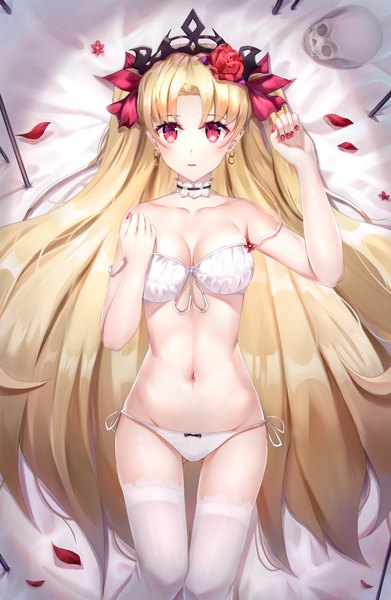 Anime picture 1500x2300 with fate (series) fate/grand order ereshkigal (fate) user vtb2000 single long hair tall image looking at viewer blush fringe breasts light erotic blonde hair red eyes large breasts bare shoulders cleavage lying nail polish hair flower