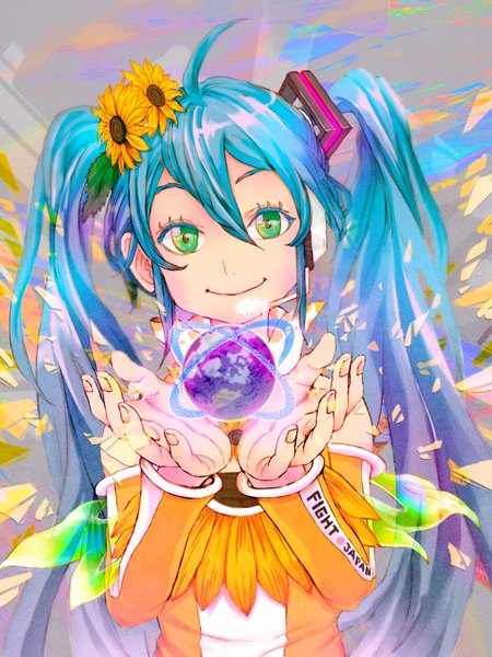 Anime picture 2893x3859 with vocaloid hatsune miku wyx2 single long hair tall image looking at viewer highres smile twintails bare shoulders green eyes blue hair ahoge multicolored hair hair flower glowing girl hair ornament flower (flowers)