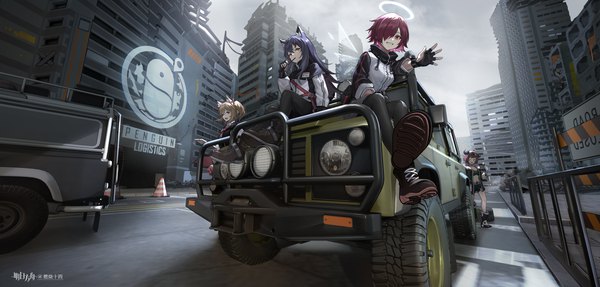 Anime picture 4600x2200 with arknights texas (arknights) exusiai (arknights) sora (arknights) croissant (arknights) 14sky long hair fringe highres short hair blonde hair red eyes wide image multiple girls animal ears blue hair absurdres red hair hair over one eye copyright name
