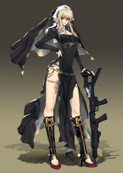 Anime picture 1000x1412 with original su (noonrema) single long hair tall image looking at viewer fringe simple background blonde hair red eyes legs hand on hip nun girl gloves weapon earrings fingerless gloves gun pendant