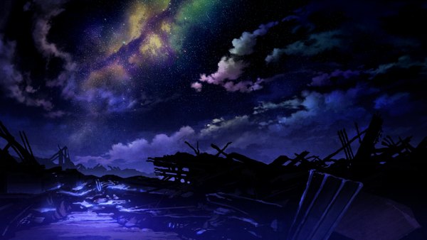 Anime picture 1500x845 with original mocha (cotton) wide image cloud (clouds) night sky no people scenic ruins milky way water star (stars)
